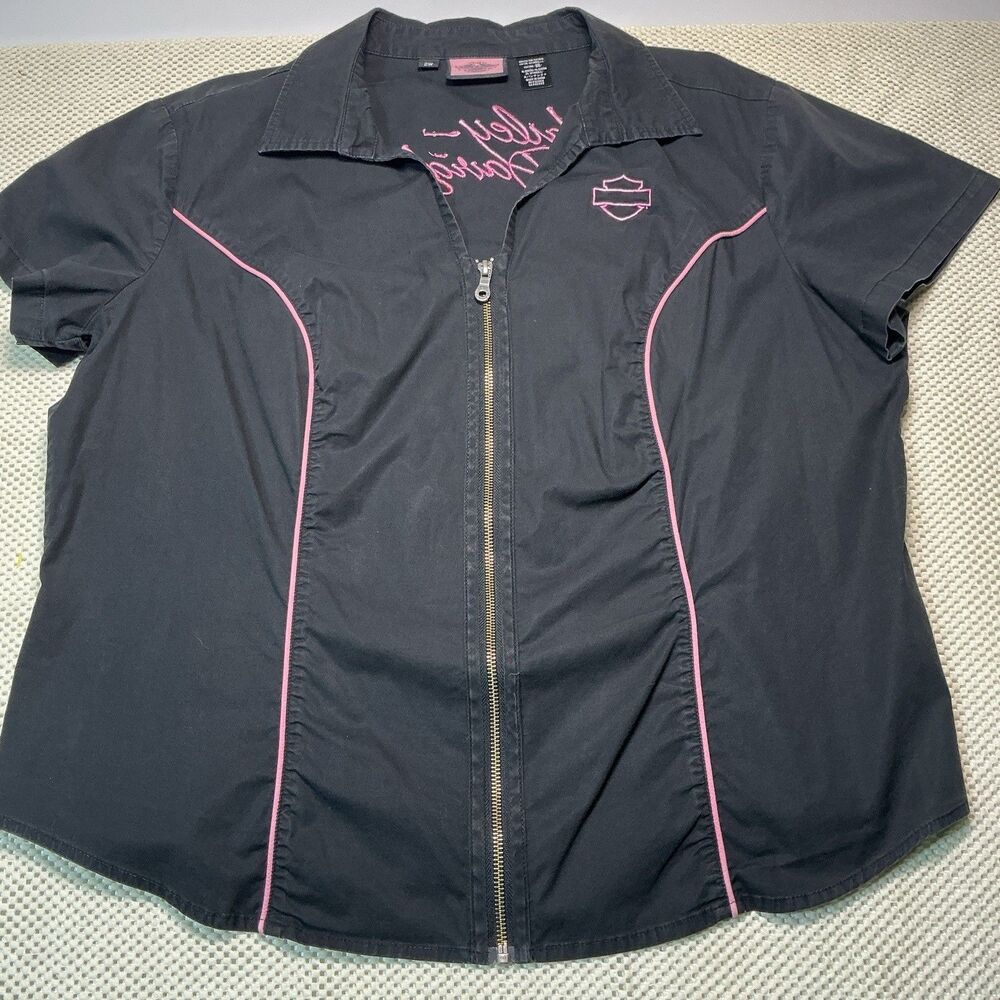 Harley Davidson Black Pink Zip Up Shirt Short Sleeve Woman's Size 2W